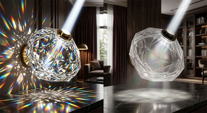 So sánh chất lượng tán quang giữa pha lê K9 nguyên chất và nhựa Mica đúc khuôn