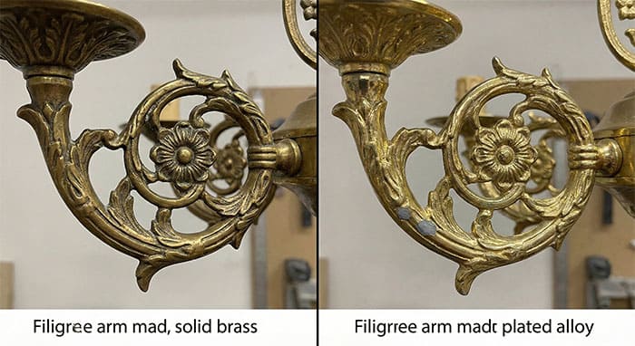 So sánh chi tiết hoa văn giữa đèn chùm đồng nguyên chất và đèn hợp kim