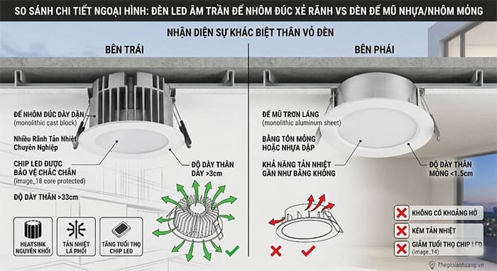 So sánh chi tiết ngoại hình giữa đèn led âm trần đế nhôm đúc xẻ rãnh và đèn đế mũ nhựa/nhôm mỏng