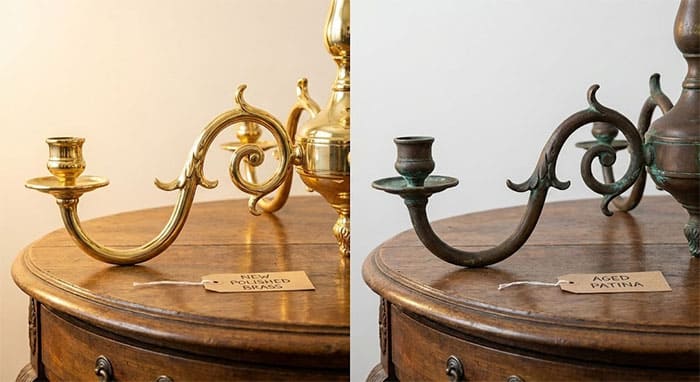 So sánh đèn chùm đồng mới và đèn chùm đồng đã lên màu Patina