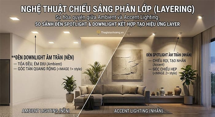 so sánh đèn spotlight và downlight kết hợp tạo hiệu ứng layer