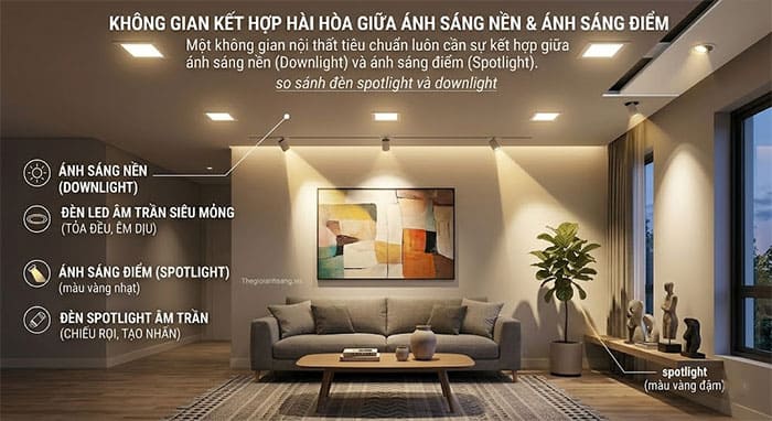 so sánh đèn spotlight và downlight trong không gian phòng khách