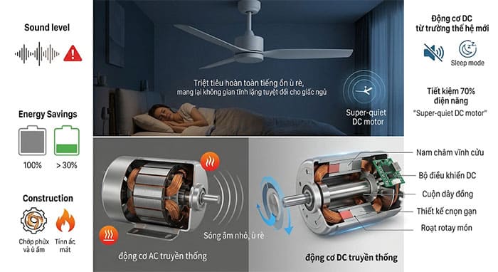 So sánh hiệu năng và cấu tạo giữa động cơ quạt trần DC và động cơ AC truyền thống