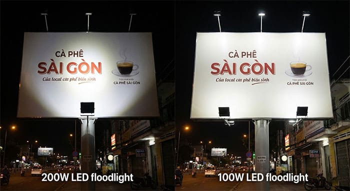 So sánh hiệu quả chiếu sáng của 1 đèn 200W và 2 đèn 100W trên biển hiệu