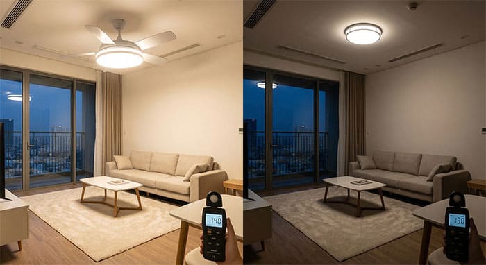 So sánh hiệu quả chiếu sáng giữa quạt trần đèn và đèn mâm ốp trần phòng khách