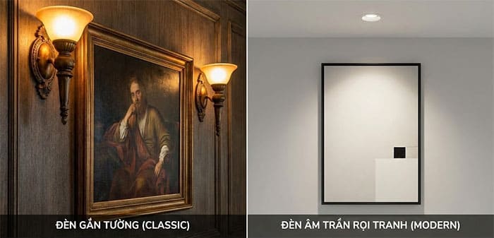 So sánh hiệu ứng ánh sáng đèn gắn tường và đèn âm trần rọi tranh