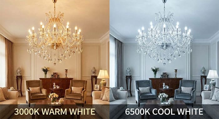 So sánh hiệu ứng ánh sáng vàng 3000K và trắng 6500K lên cùng một bộ đèn chùm