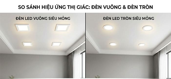 So sánh hiệu ứng thị giác của đèn LED siêu mỏng vuông và đèn tròn trên trần thạch cao