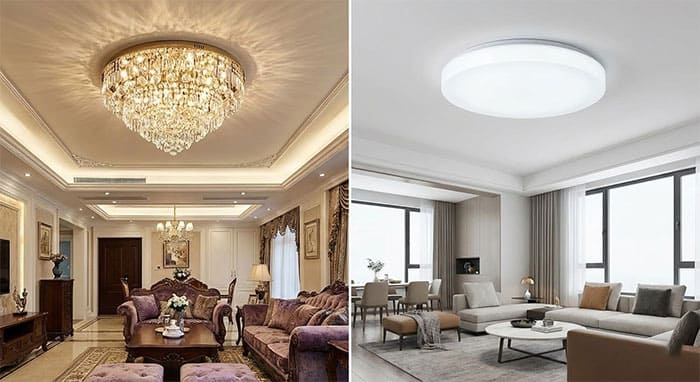 So sánh hình ảnh thực tế đèn mâm pha lê lộng lẫy và đèn mica hiện đại trong phòng khách