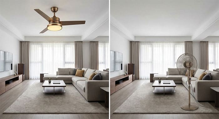 So sánh không gian phòng khách khi dùng quạt trần đèn và quạt cây truyền thống