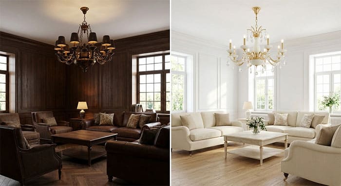 So sánh không gian phòng khách sử dụng đèn chùm màu tối và màu sáng