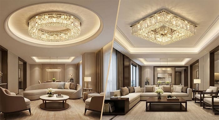 So sánh không gian phòng khách sử dụng đèn mâm pha lê tròn và đèn mâm pha lê vuông