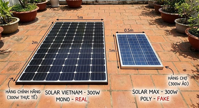 So sánh kích thước tấm pin năng lượng mặt trời hàng thật và hàng giả