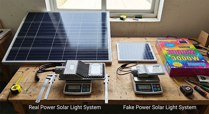 So sánh kích thước tấm pin thực tế giữa đèn năng lượng mặt trời công suất thật và hàng công suất ảo