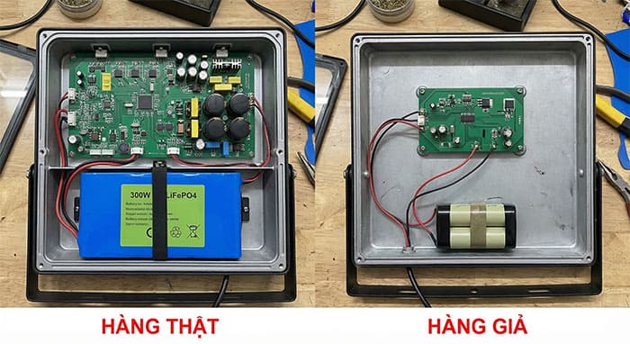 So sánh linh kiện bên trong đèn pha năng lượng mặt trời 300W hàng thật và hàng giả