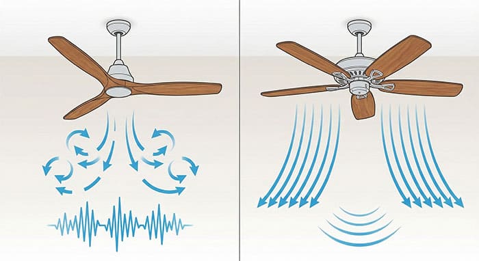 So sánh luồng gió bị ngắt quãng của quạt 3 cánh và luồng gió liên tục của quạt 5 cánh