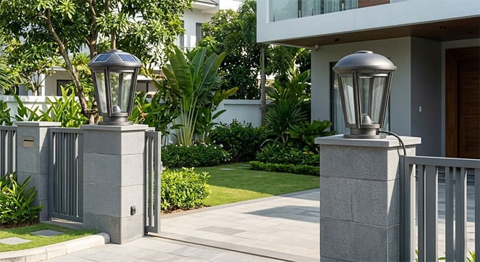 So sánh ngoại quan đèn trụ cổng năng lượng mặt trời và đèn điện