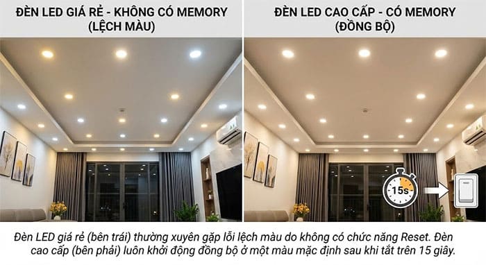 So sánh trần nhà dùng đèn LED âm trần cao cấp đồng bộ màu và đèn giá rẻ bị lệch màu