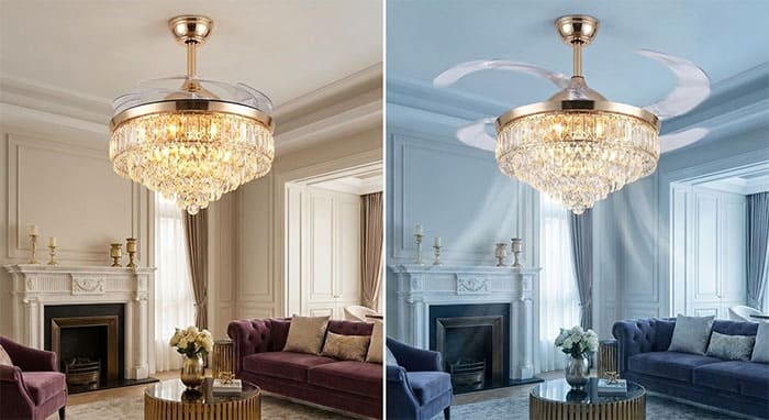 So sánh trạng thái khi tắt và bật của quạt trần đèn chùm pha lê giấu cánh