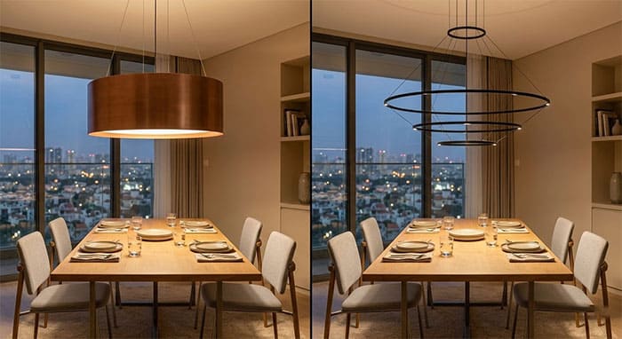 So sánh trọng lượng thị giác giữa đèn mâm đồng đặc và đèn vòng thả khung mảnh