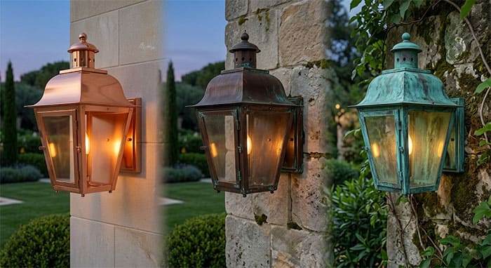 Sự biến đổi màu sắc tuyệt đẹp của lớp ten đồng (Patina) trên đèn ngoại thất qua thời gian