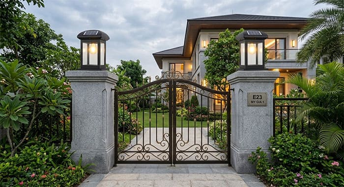 Sự cân đối giữa đèn trụ cổng năng lượng mặt trời và trụ bê tông tạo nên vẻ đẹp sang trọng