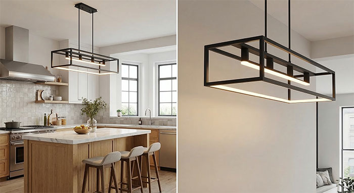 Sử dụng 1 chiếc đèn thả đơn cỡ lớn tạo điểm nhấn cho đảo bếp ngắn