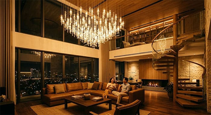 Sử dụng nhiệt độ màu ấm áp để giảm bớt sự lạnh lẽo cho phòng khách Duplex