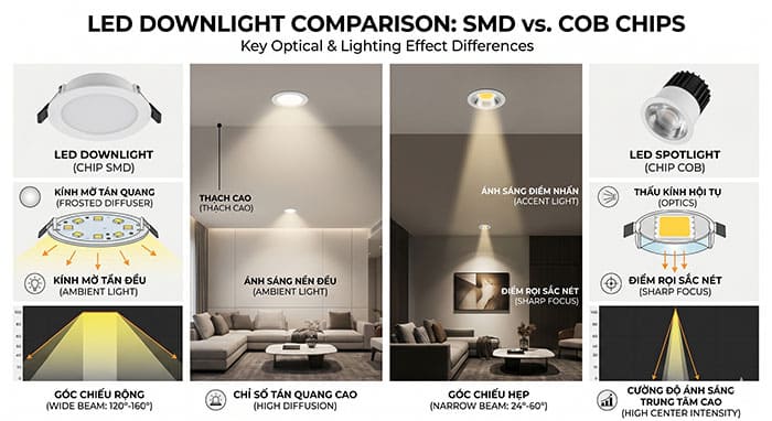 Sự khác biệt giữa đèn led âm trần chip tán quang SMD và đèn mắt trâu chip chiếu điểm COB