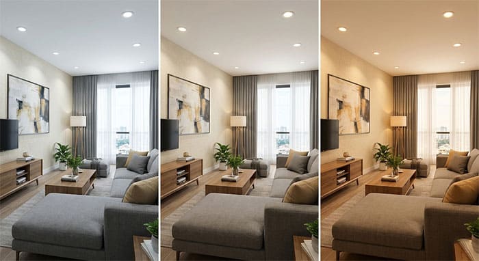 Sự thay đổi không gian phòng khách khi sử dụng 3 chế độ màu ánh sáng khác nhau
