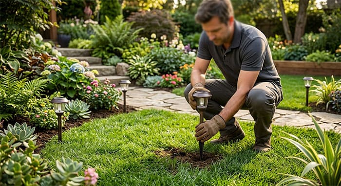 Thao tác cắm chân nhọn Spike của đèn năng lượng mặt trời xuống bãi cỏ