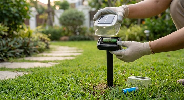 Thao tác tháo nắp bảo vệ để thay thế pin sạc tiểu AA cho đèn cắm cỏ năng lượng mặt trời