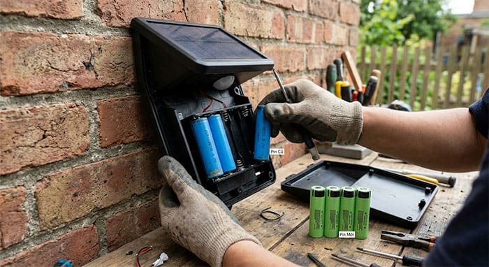 Thao tác thay thế cell pin Lithium 18650 bên trong thân đèn năng lượng mặt trời gắn tường