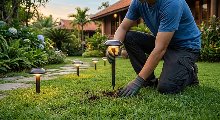 Thi công cắm đèn nấm sân vườn năng lượng mặt trời trực tiếp xuống bãi cỏ không cần kéo dây điện