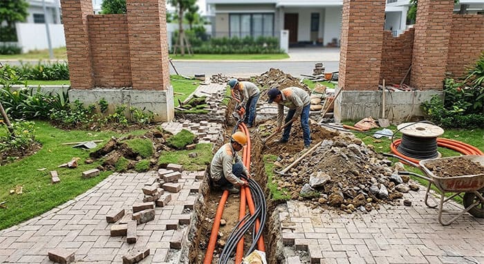 Thi công đào rãnh đi dây điện ngầm cho đèn cổng