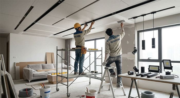 thi công đèn ray nam châm phòng khách