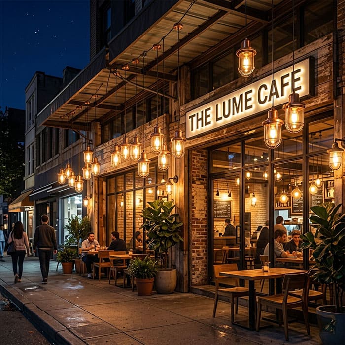 Thiết kế mặt tiền quán cafe rực rỡ với hệ thống đèn thả IP65