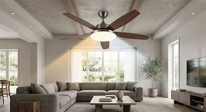 Thiết kế quạt trần 5 cánh tích hợp mâm đèn LED 3 màu chiếu sáng cho phòng khách
