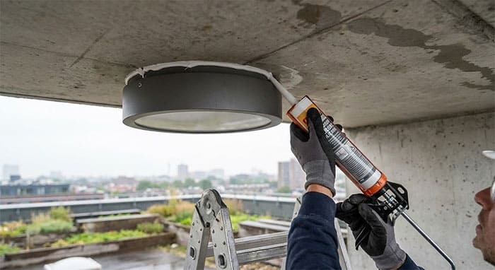 Thợ thi công bắn keo silicone quanh đế đèn ốp trần ngoại thất