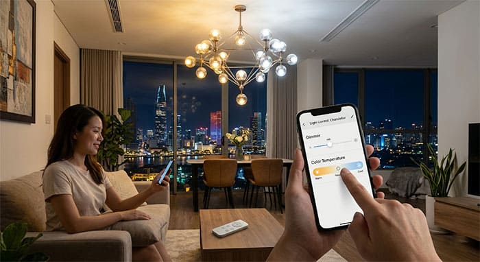 Tích hợp tính năng Smarthome điều khiển đèn chùm hiện đại qua điện thoại