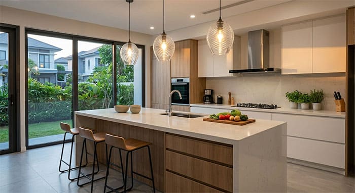 Treo 3 đèn thả thủy tinh vân sóng tại khu vực bàn đảo bếp