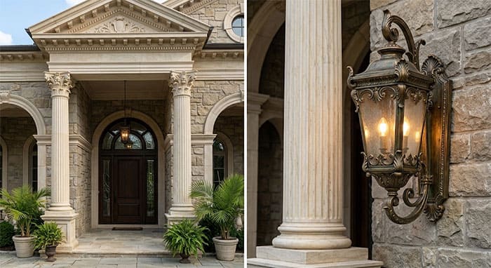 Tỷ lệ vàng kiến trúc giữa kích thước đèn tường ngoài trời tân cổ điển và cột sảnh mặt tiền