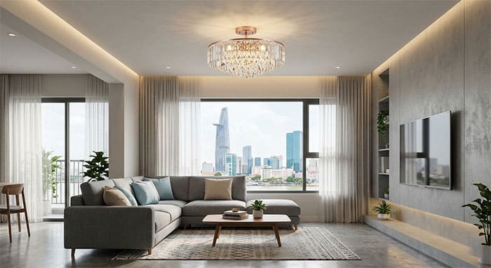 Ứng dụng các mẫu đèn chùm pha lê hiện đại cho phòng khách nhà trần thấp