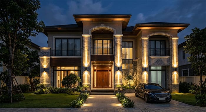 Ứng dụng đèn gắn tường ngoài trời hắt 2 chiều tạo hiệu ứng thị giác cho mặt tiền biệt thự