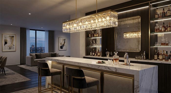 Ứng dụng đèn pha lê chữ nhật lấp lánh cho quầy bar gia đình sang trọng