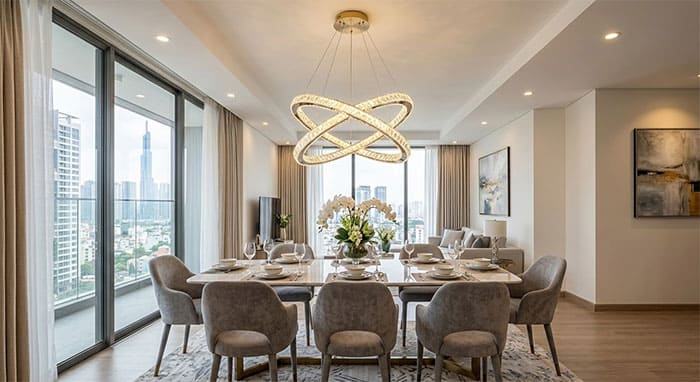 Ứng dụng đèn thả 2 vòng pha lê cao cấp cho khu vực bàn ăn hiện đại