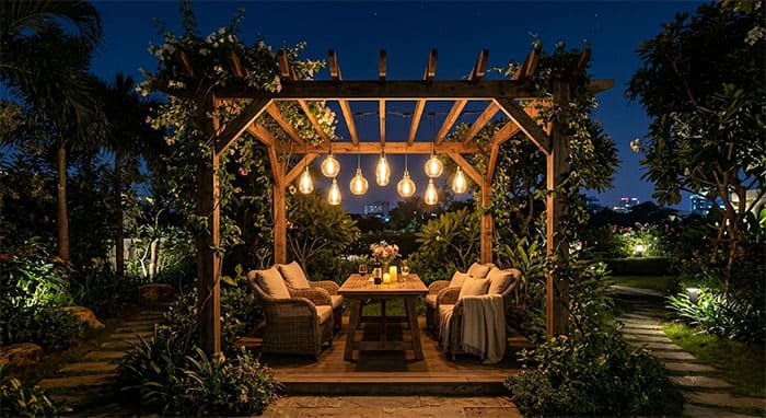 Ứng dụng đèn thả chòi nghỉ ngoài trời Pergola mang lại không gian thư giãn lãng mạn