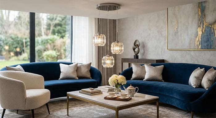 Ứng dụng đèn thả pha lê 3 bóng treo thả so le cho khu vực bàn trà hiện đại