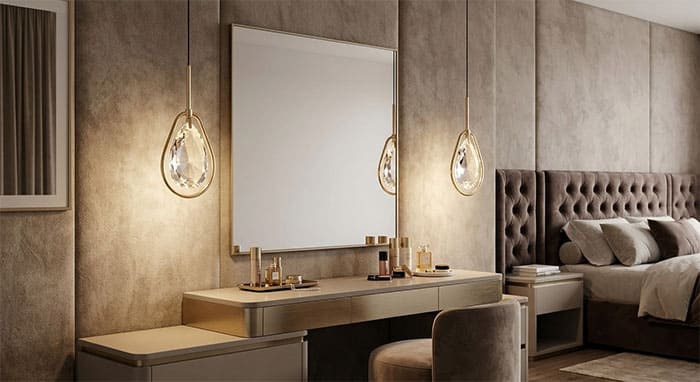 Ứng dụng đèn thả pha lê đơn treo hai bên gương trang điểm phòng ngủ Master