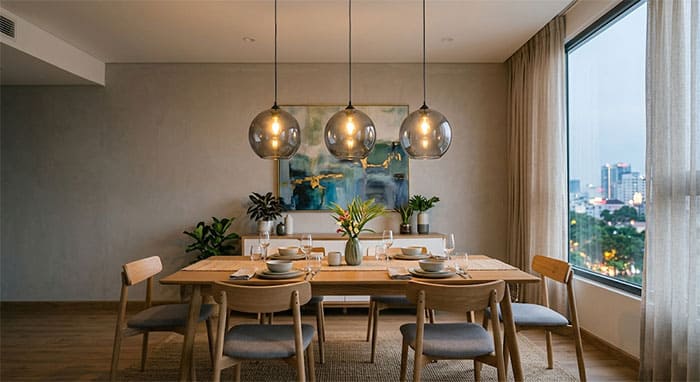 Ứng dụng đèn thả thủy tinh màu khói tại khu vực bàn ăn